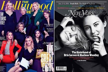 A la izquierda, Brie Larson junto a las actrices del momento en ‘The Hollywood Reporter’. A la derecha, compartiendo portada con su amiga Shailene Woodley.