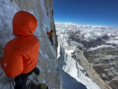 Alan Rosseau belays Matt Cornell on one of the most technical sections on the north face of Jannu in a photo shared on his social networks.