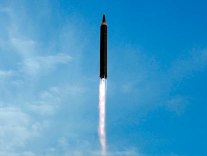 FILE - This undated photo distributed on   Sept. 16, 2017, by the North Korean government shows what was said to be the test launch of an intermediate range Hwasong-12 in North Korea. North Korea on Tuesday, Oct. 4, 2022 fired an intermediate-range ballistic missile over Japan for the first time in five years. Japanese Defense Minister Yasukazu Hamada said one launched Tuesday could be the same as the Hwasong-12 missile that North has fired four times in the past. The content of this image is as provided and cannot be independently verified. (Korean Central News Agency/Korea News Service via AP, File)