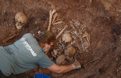 Concha González limpia unos restos bajo una de las carpas de la fosa de Pico Reja, en el cementerio de San Fernando, en Sevilla.