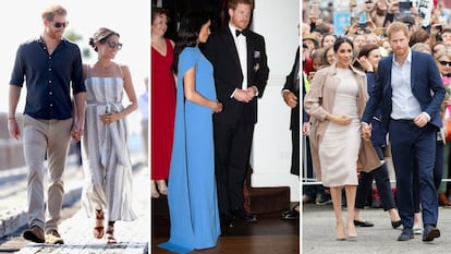 El embarazo de Meghan Markle ha sido otro protagonista del 'tour' real. Sus gestos y algunas de sus ropas han delatado su estado, por el que la pareja ha recibido abundantes regalos y felicitaciones. En la imagen, los duques en tres momentos: el 22 de octubre en un paseo por Fraser Island, Australia; en una cena de gala en el Grand Pacific Hotel de Suva, Fiji, el 23 de octubre; y en un paseo por Auckland, Nueva Zelanda, el 30 de octubre.