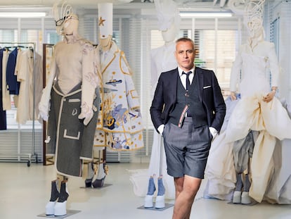 Thom Browne poses in his studio and store on Avenue Montaigne, in Paris.