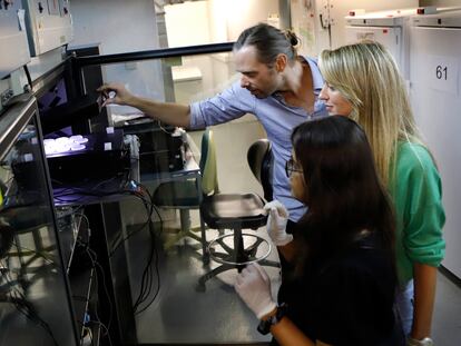 Los investigadores Nicholas Stroustrup, Andrea del Carmen y Natasha Oswal (en primer plano), en la "máquina de la longevidad" del Centro de Regulación Genómica, en Barcelona.