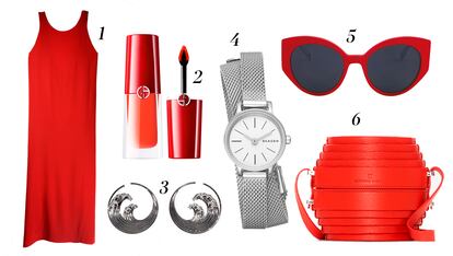 1 Vestido de seda de Datura, 250 euros. 2 Labial lip magnet de Giorgio Armani 35 euros. 3 Pendientes de titanio de la colección Hokusai de  Garaude Paris, 6.990 euros. 4 Reloj de pulsera doble de Skagen, 159 euros. 5 Gafas de sol modelo Brigitte de Jordi Lavanda, 149 euros. 6 Bolso de piel de Mercedes Castillo, 995 euros.