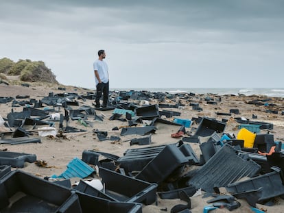 Un voluntario camina entre cajas plásticas sobre una de las playas de la Península Valdés, en la provincia de Chubut (Argentina), en abril de 2023.