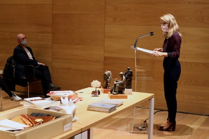 La ministra de Trabajo, Yolanda Díaz, interviene en el acto de entrega del legado histórico de Marcelino Camacho y Josefina Samper al Centro Documental de la Memoria Histórica en Salamanca, este jueves.