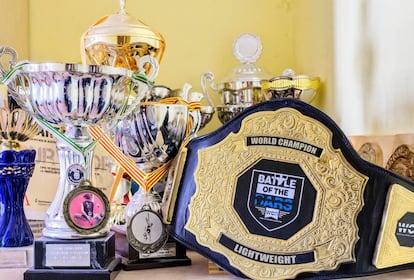 Col·lecció de trofeus incloent-hi el cinturó de campió del món.