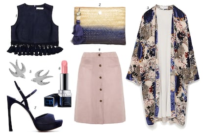 1. Uterqüe Cropped top de ante con borlas de flecos. 2. Hoss Intropia Clutch de rafia con efecto degradé. 3. Zara Kimono con print de flores. 4. Adam Lippes Falda abotonada de ante. 5. Aristocrazy Pendientes de golondrinas de plata. 6. Dior Barra de labios 'Nude Rouge'. 7. Miu Miu Sandalia de ante con plataforma.