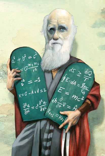 Darwin, como un nuevo Moisés, sostiene las tablas con ecuaciones de la historia de la ciencia.