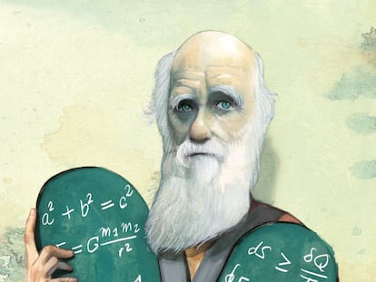 Darwin, como un nuevo Moisés, sostiene las tablas con ecuaciones de la historia de la ciencia.