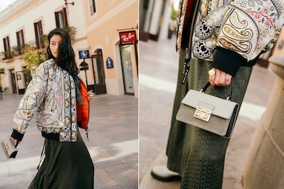 Cazadora bomber de Etro, vestido de Zadig et Voltaire, botas de Pinko, bolso de Furla, pendientes de Unode50 y anillo de Tous. Todo disponible en Las Rozas Village y La Roca Village.