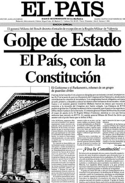 Primera página de la edición especial que difundió EL PAÍS a las ocho de la tarde del 23-F. La edición de urgencia tuvo sólo 16 páginas, con la portada y la contraportada dedicadas a informar del golpe, para hacer más ágil la tirada y los ejemplares fueron distribuidos a mano.