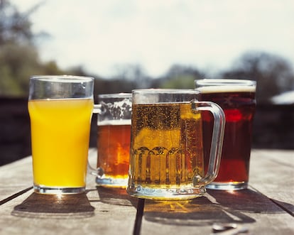 Assorted beers and ales in pub garden