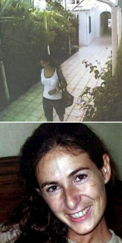 Sobre estas líneas, María Antonia Plaza. En la otra imagen, captada por una cámara de seguridad, sale del hotel poco antes de ser asesinada.