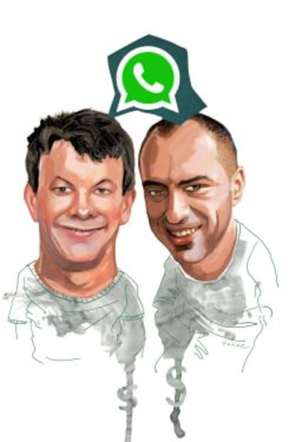 Caricatura de Brian Acton (izquierda) y Jan Koum (derecha), fundadores de WhatsApp.