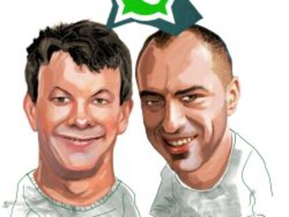 Caricatura de Brian Acton (izquierda) y Jan Koum (derecha), fundadores de WhatsApp.