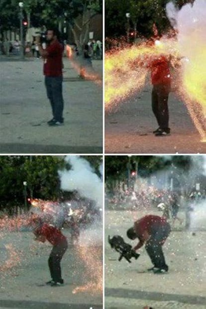 Sequência mostra momento em que cinegrafista é atingido por rojão na manifestação.