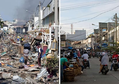 En la parte de la izquierda de la composición se puede observar a algunos supervivientes de la catástrofe en una calle de Banda Aceh cubierta de escombros. En la derecha la misma vista casi diez años después. Fotografías hechas por Bay Ismoyo el 29 de diciembre de 2004 y el 27 de noviembre de 2014.