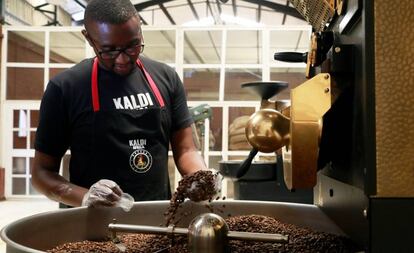 Un empleado revisa los granos recién tostados durante en el café Kaldi África en Lagos.