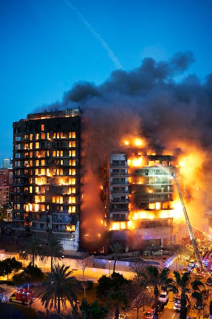 A general view of the burning buildings on February 22, 2024 in Valencia, Spain.