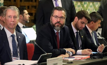 O chanceler brasileiro Ernesto Araujo durante a reunião do Grupo de Lima.