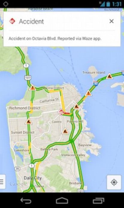 Información de Waze dentro de los mapas de Google.