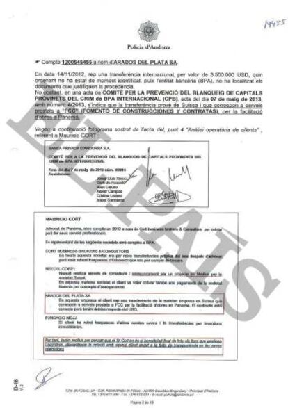 Informe de la Policía de Andorra fechado el pasado 27 de marzo sobre el abogado Mauricio Cort, FCC y Odebrecht.