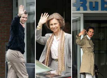 A la izquierda, el príncipe Felipe regresa a la clínica tras una breve visita a su residencia para cambiarse. La Reina, en el centro, y doña Elena, a la derecha, en la puerta del centro médico.