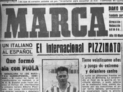 La página del Marca del 15 de agosto de 1948 en la que se anuncia en el fichaje de Pizzinato.