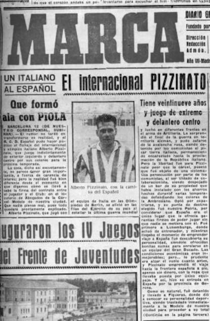 La página del Marca del 15 de agosto de 1948 en la que se anuncia en el fichaje de Pizzinato.