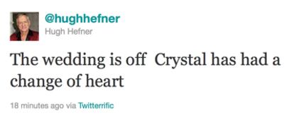 Mensaje de Twitter de Hugh Hefner, donde anunciaba que se cancelaba la boda con Crystal Harris.