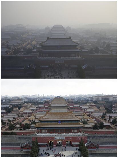 A combination photo shows people visiting the Forbidden City on a smoggy day on November 29, 2015 (top), and on a sunny day on December 2, 2015 (bottom), after a fresh cold front cleared the smog that was blanketing Beijing, China. REUTERS/Kim Kyung-Hoon (top) and Damir Sagolj (bottom)