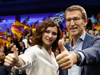 La presidenta de la Comunidad de Madrid, Isabel Díaz Ayuso, y el líder del PP, Alberto Núñez Feijóo, este sábado en Madrid.