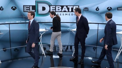 Pablo Casado, Pablo Iglesias, Pedro Sánchez y Albert Rivera durante el debate electoral en Atresmedia.