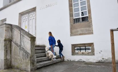 La perra 'Venus' con un menor que ha sufrido malos tratos frente a unos juzgados en Galicia.
