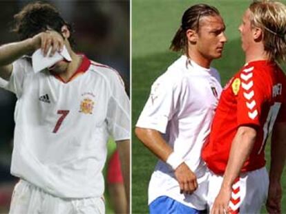 Raúl (izquierda) se quita el brazalete de capitán y se lamenta tras la derrota ante Portugal. Totti (derecha) se encara con Poulsen.