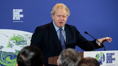 Boris Johnson,primer ministro de Reino Unido, presenta la próxima Cumbre del Clima (COP26) en el Museo de Ciencia de Londres, este martes