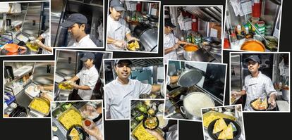 Sumen Ahmed, en The Bollywood Kitchen, el camión donde cocina comida india y china, durante su proceso de creación.