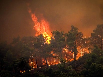 Incendio forestal en la isla griega de Rodas, este sábado.