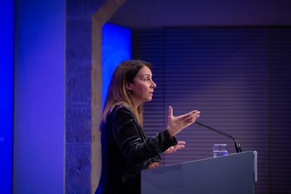 La 'consellera' de Presidencia en funciones, Meritxell Budó, durante la rueda de prensa semanal del Ejecutivo catalán