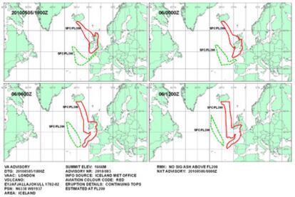Gráfico del Centro de Aviso de Cenizas Volcánicas de Londres (VAAC, por sus siglas en inglés) sobre la evolución del área afectada por las cenizas del volcán islandés Eyjafjalla entre las 18.00 GMT de hoy (dos horas más en la España peninsular) y las 12.00 GMT de mañana.