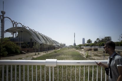 Estado actual del Canal de los Descubrimientos, abandonado y repleto de hierba silvestre de gran altura. Su recorrido transcurría desde el Puente de la Cartuja hasta el lago del pabellón de España.