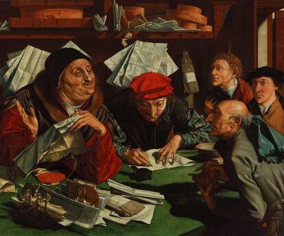 En esta escena, el pintor retrata al oficio de abogados. Marinus van Remerswaele, 'La oficina de abogados', 1545.