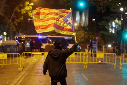 Un manifestante enmascarado porta una