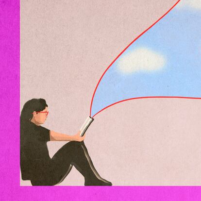 Illustration of woman reading book near clouds