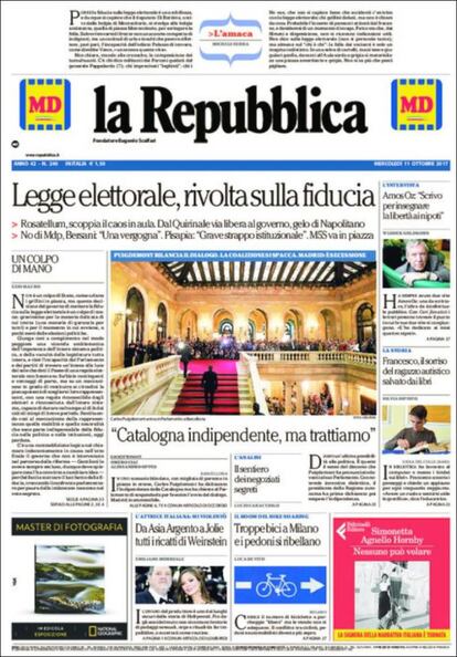 El diario italiano 'La Repubblica'. El periódico titula en su tapa "Catalogna indipendente, ma trattiamo" ("Cataluña es independiente, pero lo negociaremos"). 'La Repubblica' cita el discurso pronunciado por Puigdemont el lunes: "Sí a la independencia, pero vamos a suspenderla para negociar". También recoge la respuesta del presidente Mariano Rajoy: "Es una declaración inadmisible de secesión".