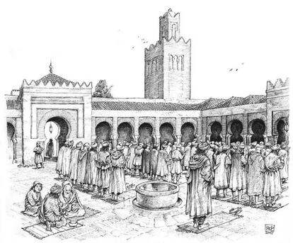 Recreación del interior de la mezquita Aljama de Madrid que más adelante se convirtió en iglesia (ya derribada) bajo el reinado de Alfonso VI, pasando a ser conocida como Santa María de La Almudena. La ilustración está incluida en el libro 'Mayrit, guía ilustrada del Madrid medieval'.