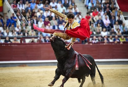 Momento en el que el segundo toro hiere al diestro Roca Rey.