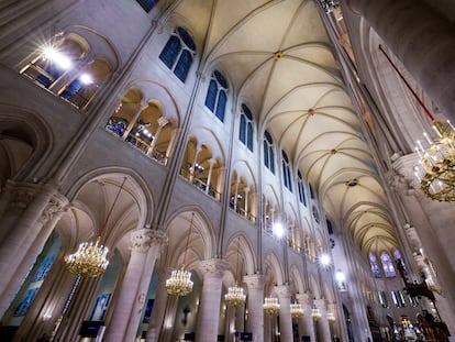 The vaulted ceiling of Notre Dame Cathedral before France's iconic cathedral is formally reopening its doors for the first time since a devastating fire nearly destroyed the 861-year-old landmark in 2019, Saturday Dec.7, 2024 in Paris ( Ludovic Marin, Pool via AP)