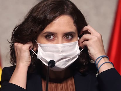 Madrid premier Isabel Díaz Ayuso at a press conference on Friday.